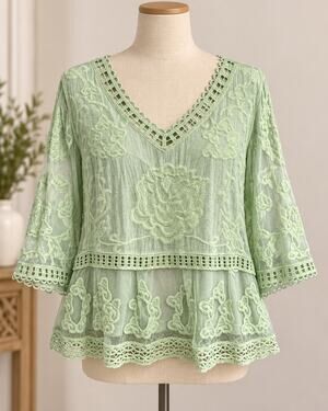 Ultra Pink XL Mint Green Embroidered Lace Crochet Boho Tunic Top
